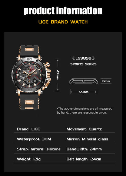 Relogio Masculino LIGE Fashion Men Watch Top Brand Luxury Sports Silicone Big Dial Quartz Wristwatch Chronograph Date Clock Male