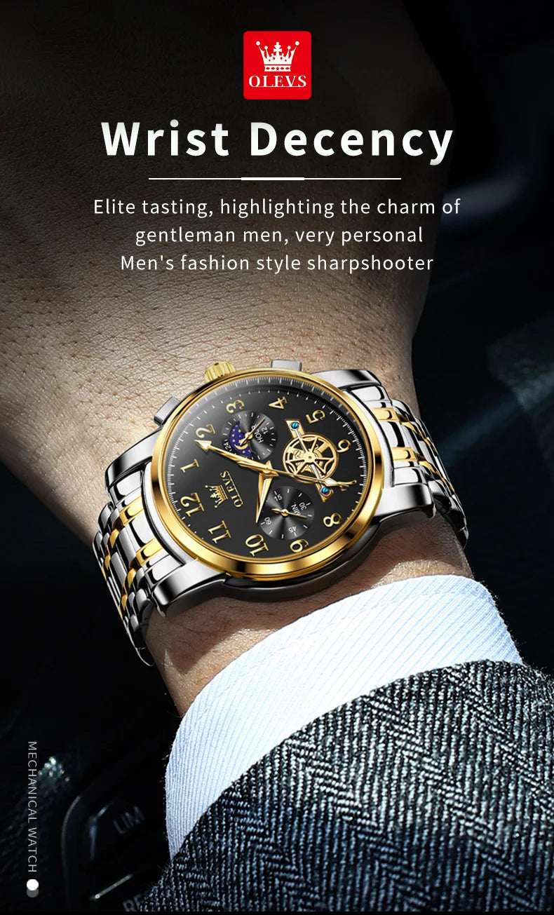 OLEVS Men's Watches Multifunctional Wristwatch for Men Waterproof Stainless Steel Luminous Flywheel Design Man Watch 2024 New
