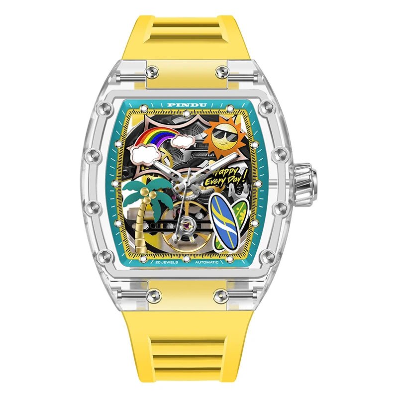 PINDU Men's Watch Silicone Strap Skeleton Dial with Luminous Design