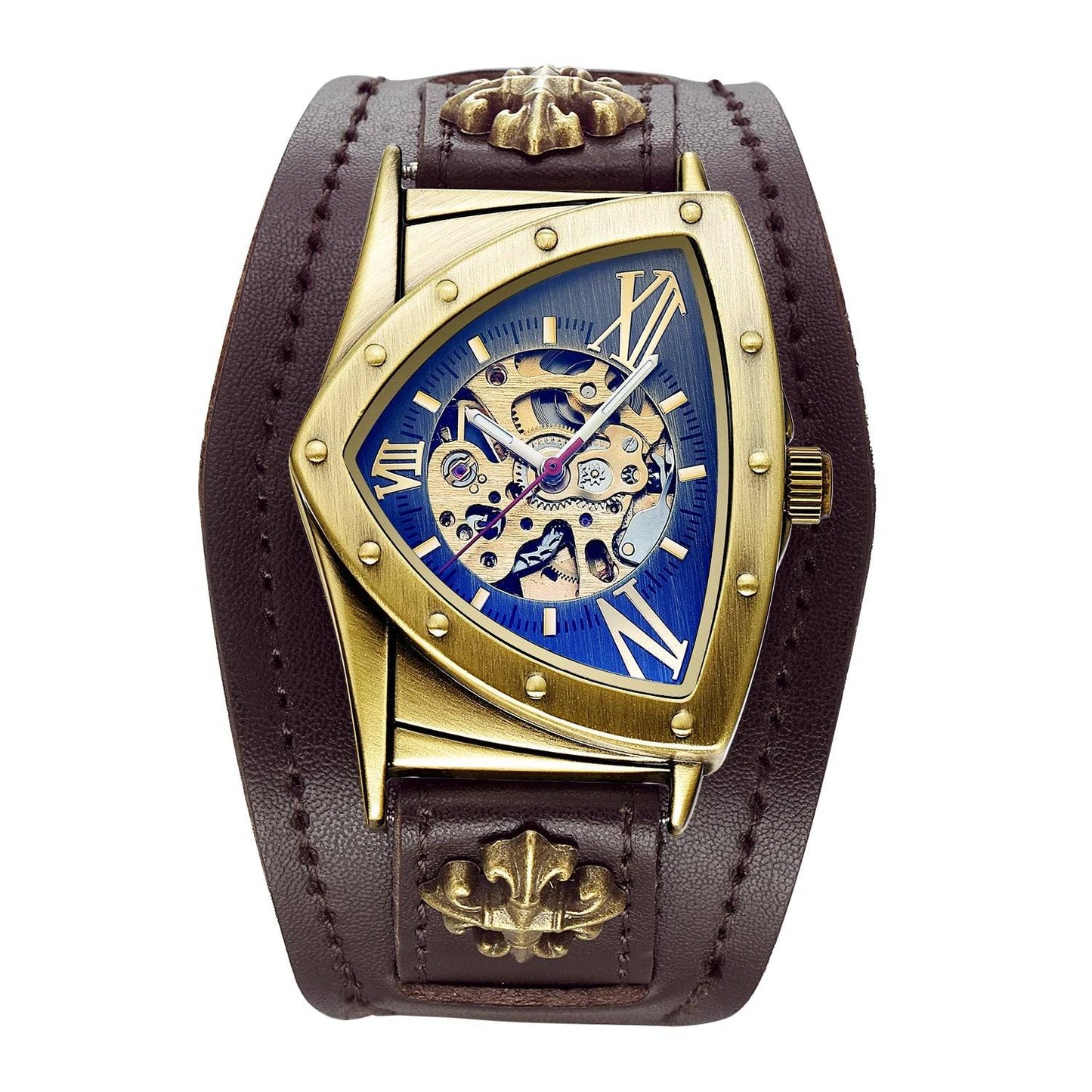 SHENHUA Luxury Skeleton Dial Men's Automatic Mechanical Watch Antique Bronze Steampunk Triangle Wristwatches.