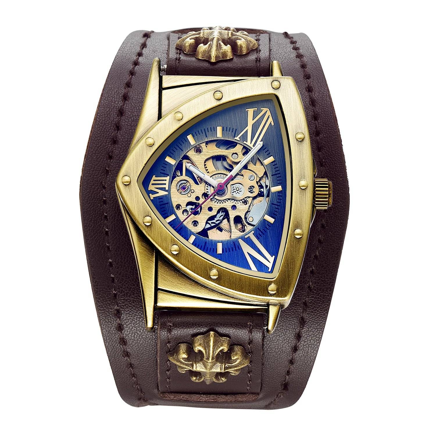 SHENHUA Luxury Skeleton Dial Men's Automatic Mechanical Watch Antique Bronze Steampunk Triangle Wristwatches.