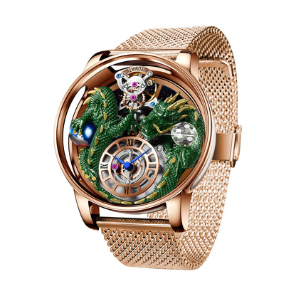 PINDU Men's Watch: Handmade Dragon Design with Curved Transparent Mirror