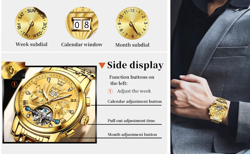 Montre mécanique automatique originale OLEVS 9910 pour hommes Tourbillon Skeleton Design Montre-bracelet pour hommes en acier inoxydable Phase de lune