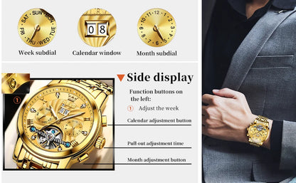 Montre mécanique automatique originale OLEVS 9910 pour hommes Tourbillon Skeleton Design Montre-bracelet pour hommes en acier inoxydable Phase de lune