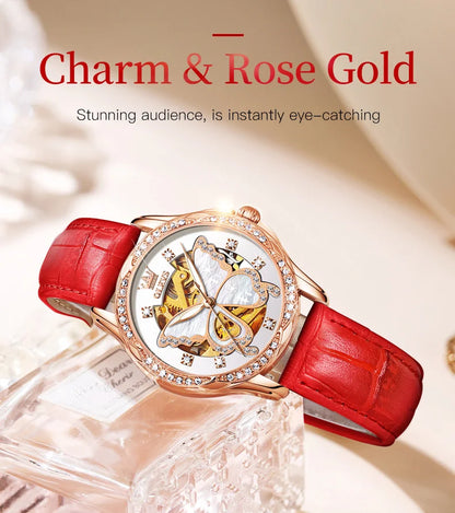 Montres automatiques OLEVS pour femmes de luxe en or rose squelette mécanique étanche lumineuse femmes bracelets montres ensemble élégant