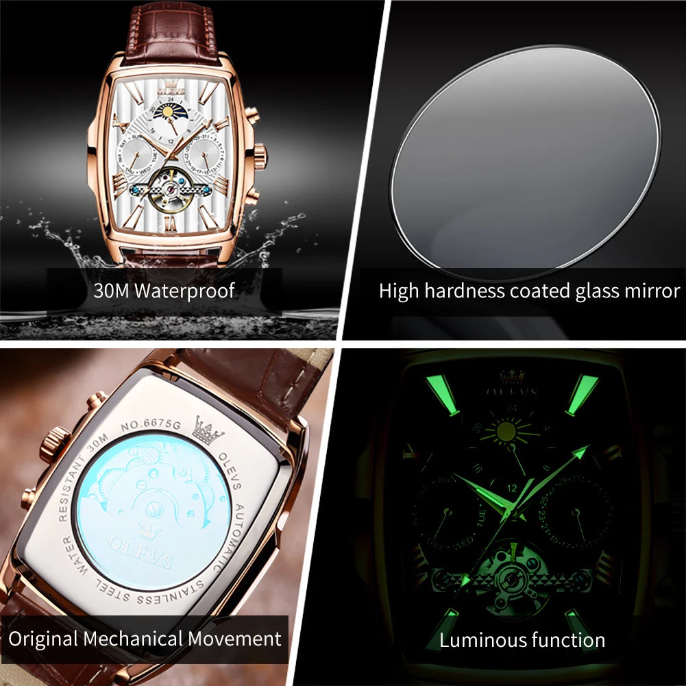 Montre automatique pour homme OLEVS Bracelet en cuir d'origine Date Cadran carré Montre-bracelet pour homme étanche Montre mécanique pour homme