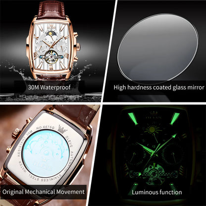 Montre automatique pour homme OLEVS Bracelet en cuir d'origine Date Cadran carré Montre-bracelet pour homme étanche Montre mécanique pour homme