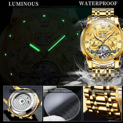 Montre mécanique automatique originale OLEVS 9910 pour hommes Tourbillon Skeleton Design Montre-bracelet pour hommes en acier inoxydable Phase de lune