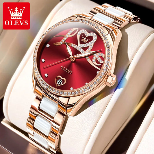 Montre-bracelet automatique originale OLEVS pour femme, élégante, tendance, cadran diamant « Love », bracelet en céramique, ensemble de montre-bracelet mécanique