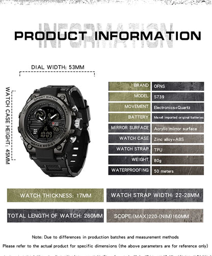 OFNS Top Brand 739 Montre numérique pour homme Montre de sport militaire Montre électronique à quartz étanche à double écran Reno Masculino