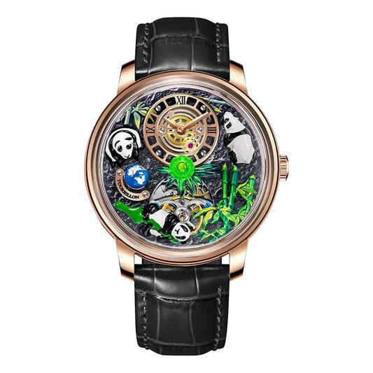 Pindu Men's Watch Bamboo Leaf Panda Design with Leather Strap