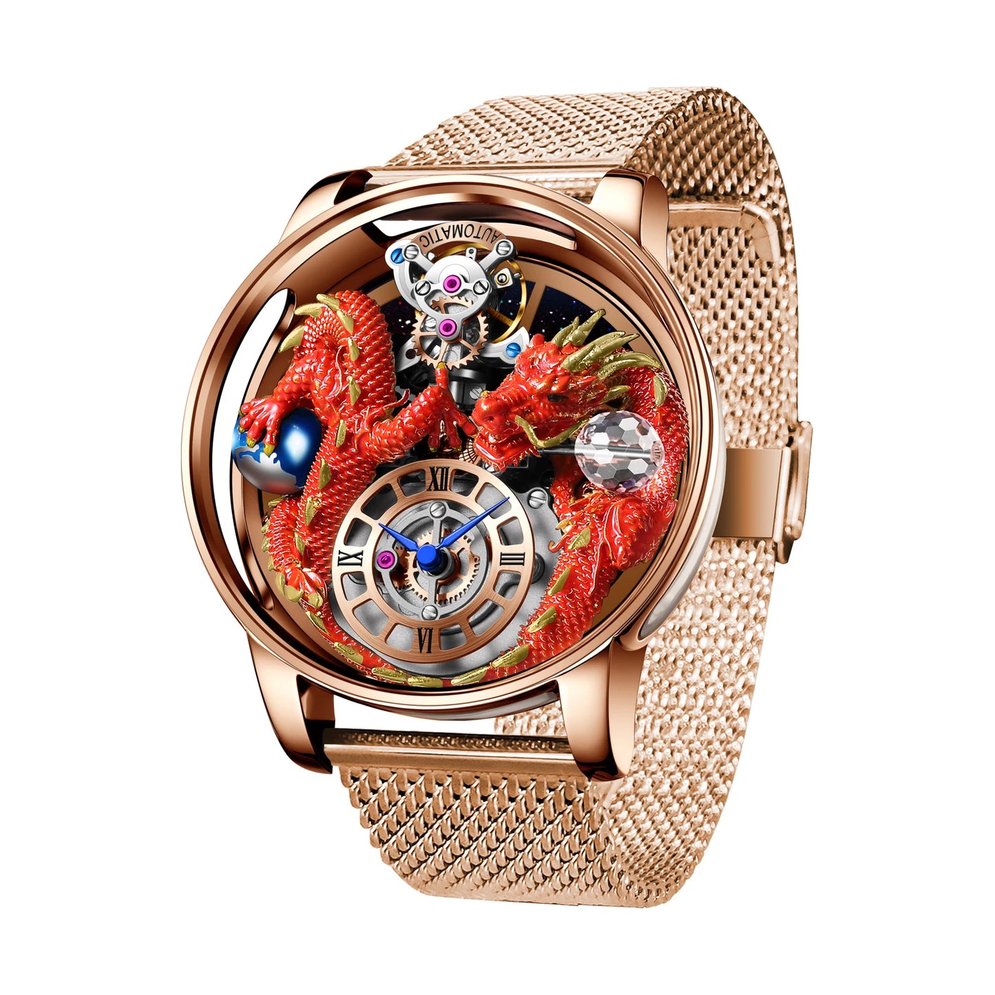 PINDU Men's Watch: Handmade Dragon Design with Curved Transparent Mirror