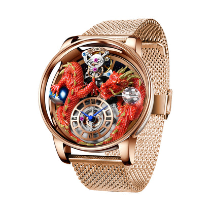 PINDU Men's Watch: Handmade Dragon Design with Curved Transparent Mirror