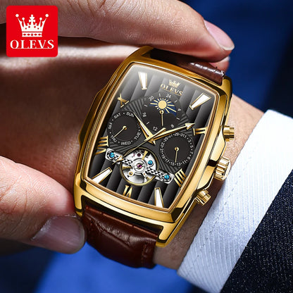 Montre automatique pour homme OLEVS Bracelet en cuir d'origine Date Cadran carré Montre-bracelet pour homme étanche Montre mécanique pour homme