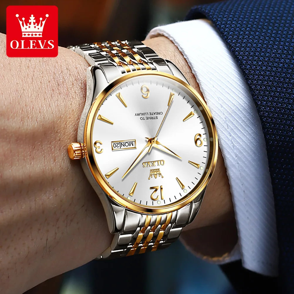 Montre de luxe pour homme OLEVS - Montre à quartz classique et décontractée - En acier inoxydable - Étanche - Avec semaine et date