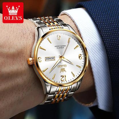 Montre de luxe pour homme OLEVS - Montre à quartz classique et décontractée - En acier inoxydable - Étanche - Avec semaine et date