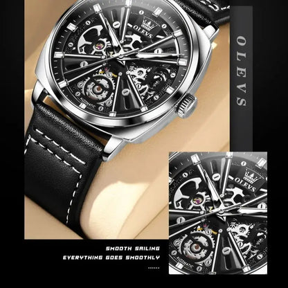 Montre automatique OLEVS 6685 pour homme, squelette doré, acier inoxydable, bracelet en cuir, étanche, sport, montres-bracelets mécaniques pour hommes