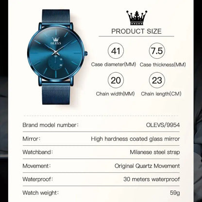 OLEVS Montres pour hommes avec cadran ultra fin de 7,5 mm Bracelet en maille d'acier inoxydable Montre à quartz décontractée de marque supérieure étanche et lumineuse pour hommes