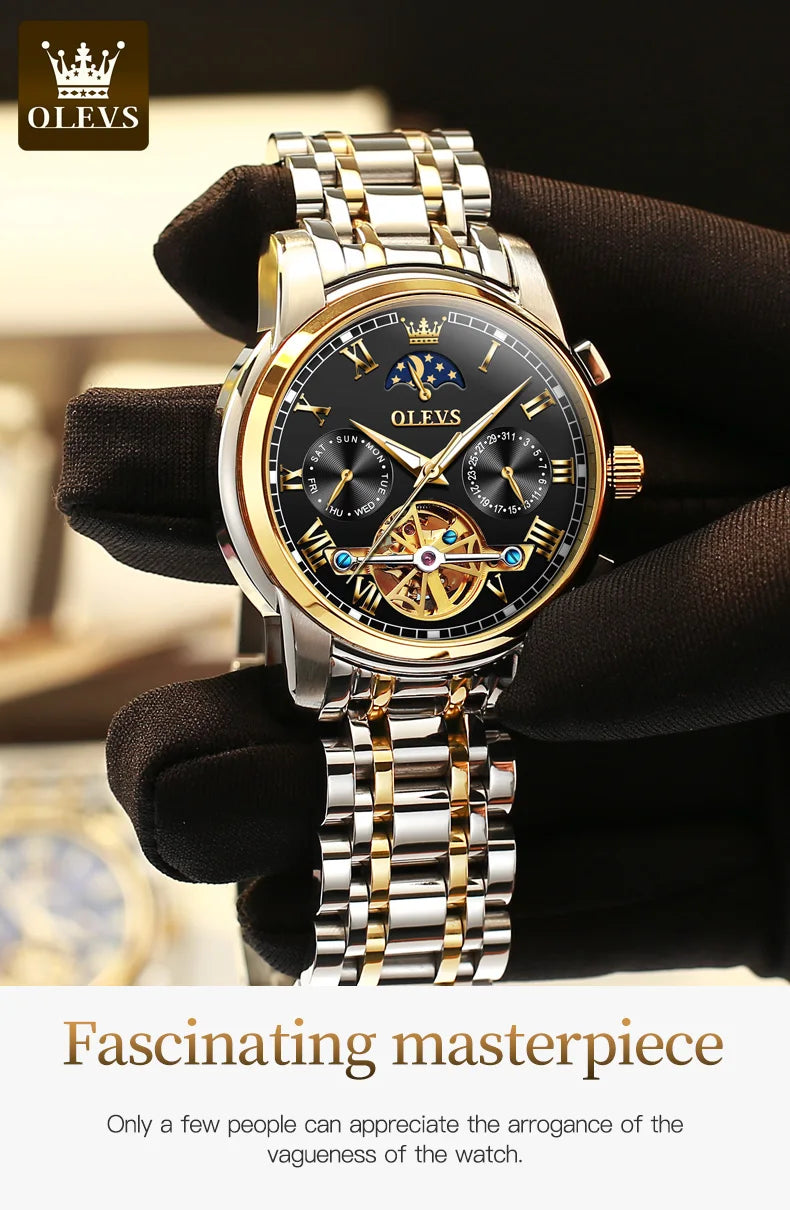 OLEVS Original Automatic Mechanical Watch for Men Luxury TOP Brand Waterproof Luminous Moon Phase Tourbillon Wristwatch Male