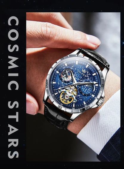 OLEVS New Men's Automatic Watch Skeleton Multifunctional Starry Sky Stainless Steel Leather Watchband Luxury Dress Wrist Watches