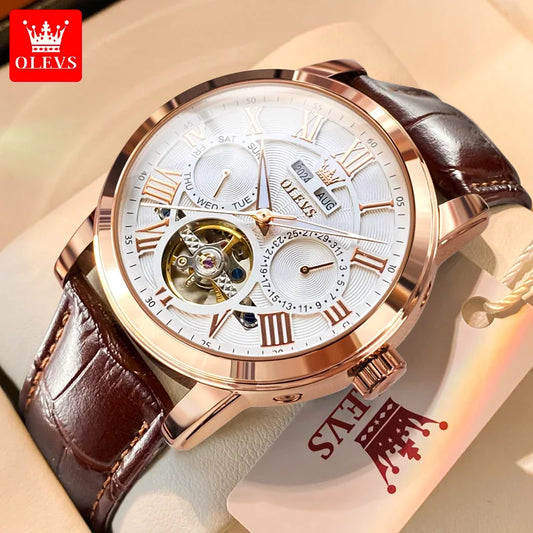 Montre de luxe OLEVS pour hommes, chronographe, montre mécanique automatique, bracelet en cuir, étanche, phase de lune, montre-bracelet 2023, marque supérieure
