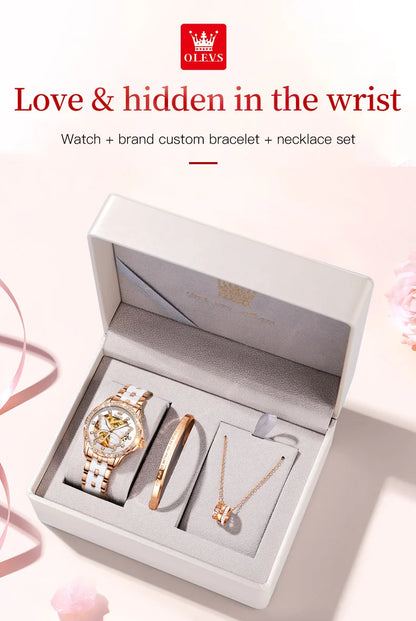 Montres automatiques OLEVS pour femmes de luxe en or rose squelette mécanique étanche lumineuse femmes bracelets montres ensemble élégant