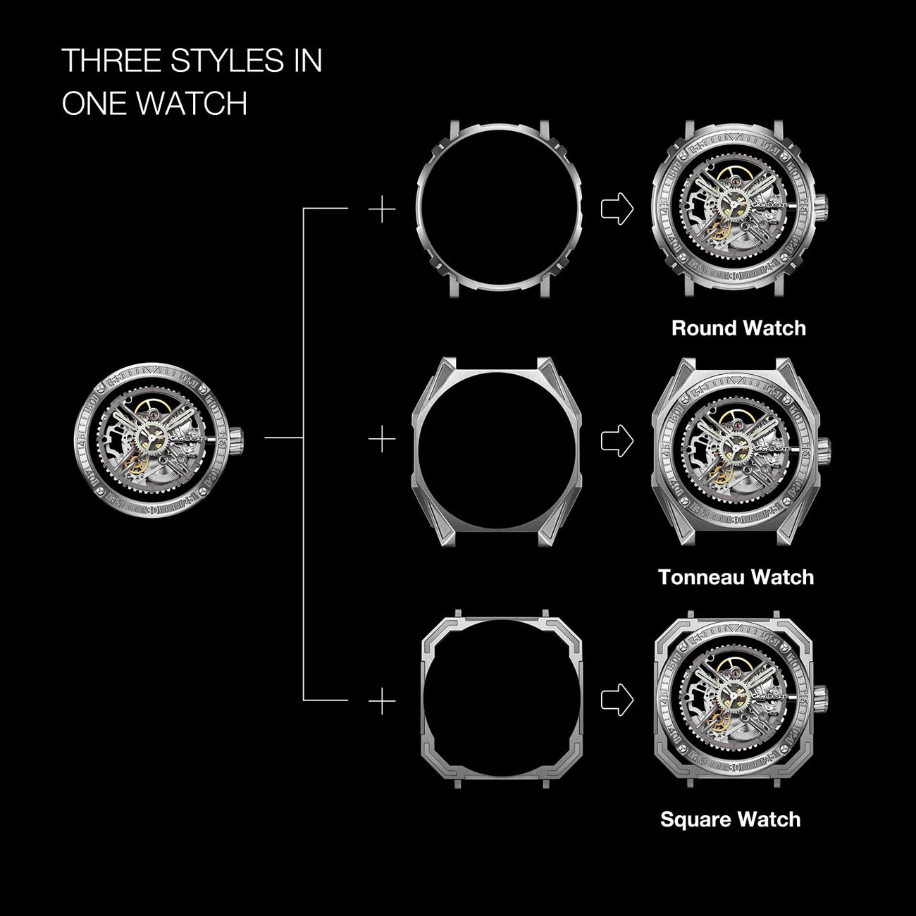 CIGA Design Magician Series Men's Watch: 3-in-1 Skeleton with Steel Case & Fluororubber Strap.