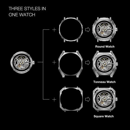 CIGA Design Magician Series Men's Watch: 3-in-1 Skeleton with Steel Case & Fluororubber Strap.