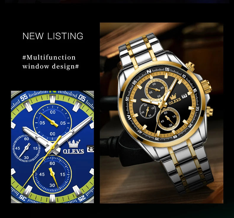 Montres exclusives originales pour hommes OLEVS Chronographe Cadran lumineux Montre-bracelet en acier inoxydable étanche à la mode pour hommes TOP Marque