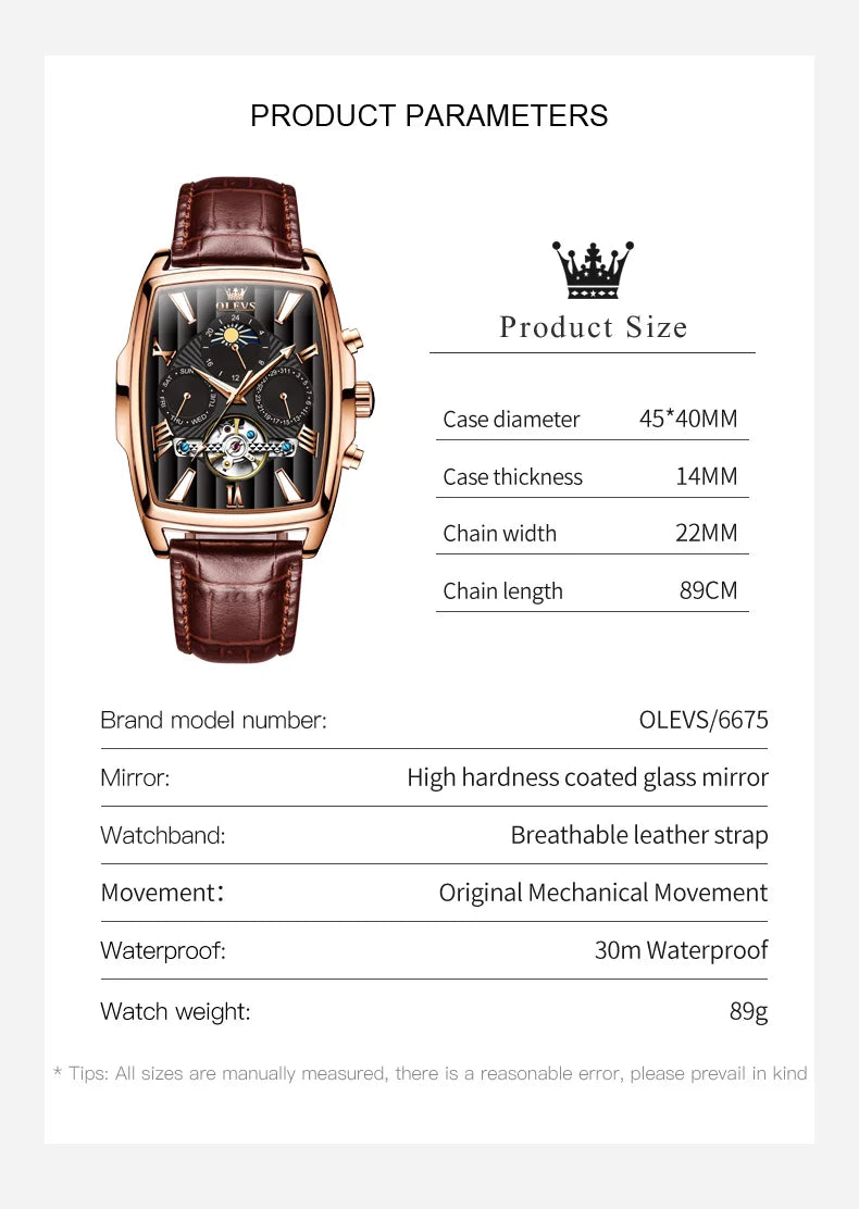 Montre automatique pour homme OLEVS Bracelet en cuir d'origine Date Cadran carré Montre-bracelet pour homme étanche Montre mécanique pour homme