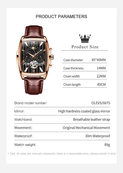 Montre automatique pour homme OLEVS Bracelet en cuir d'origine Date Cadran carré Montre-bracelet pour homme étanche Montre mécanique pour homme