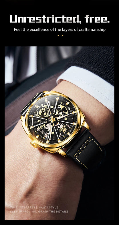 Montre automatique OLEVS 6685 pour homme, squelette doré, acier inoxydable, bracelet en cuir, étanche, sport, montres-bracelets mécaniques pour hommes