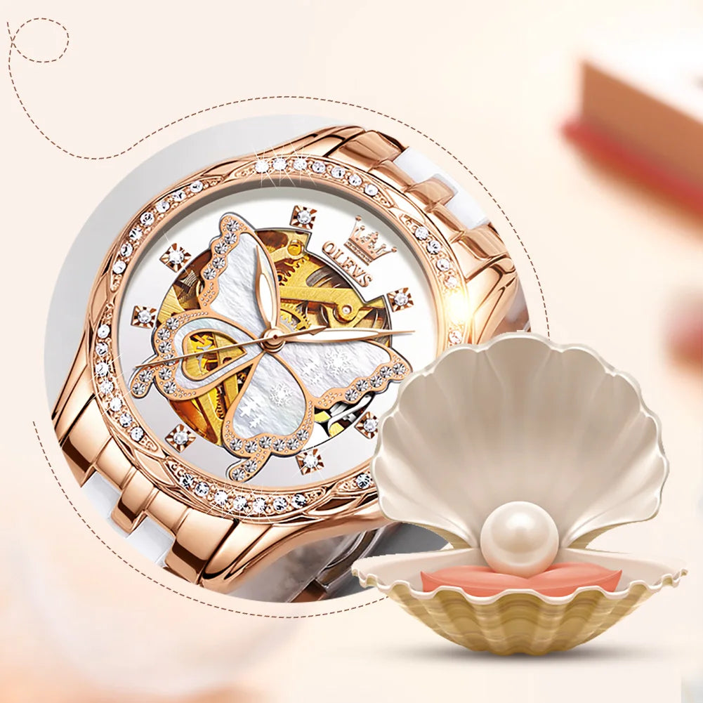 Montres automatiques OLEVS pour femmes de luxe en or rose squelette mécanique étanche lumineuse femmes bracelets montres ensemble élégant