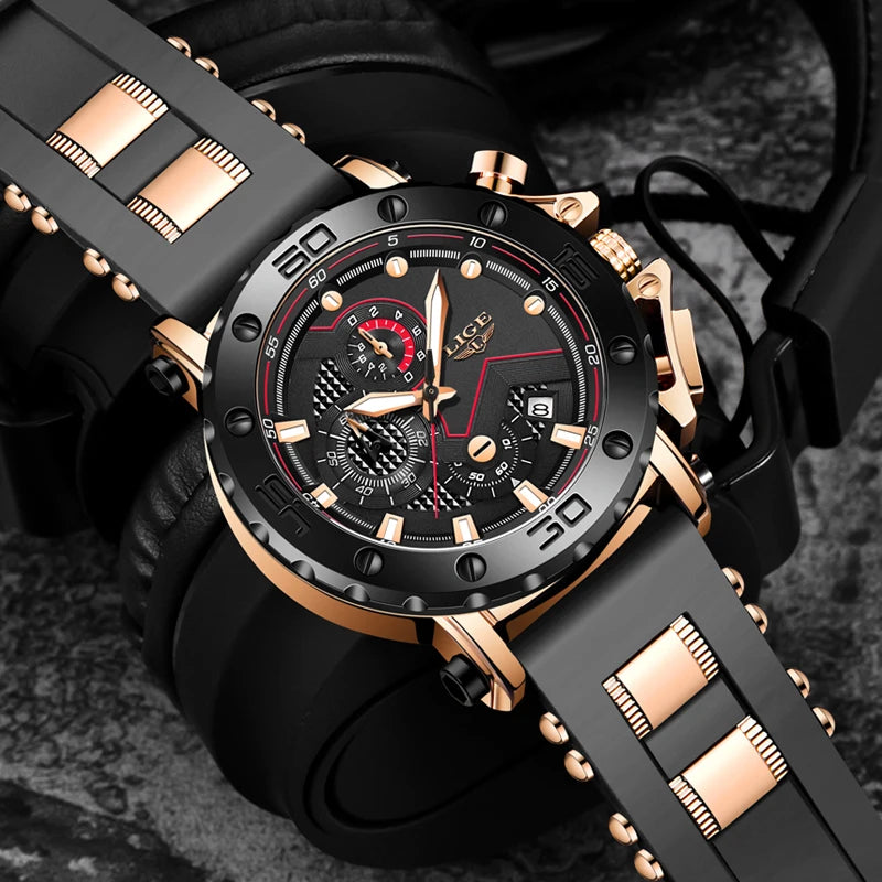 Relogio Masculino LIGE Fashion Men Watch Top Brand Luxury Sports Silicone Big Dial Quartz Wristwatch Chronograph Date Clock Male