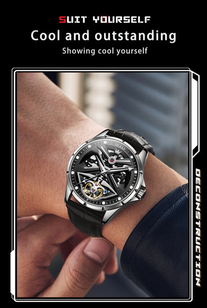 Montre automatique OLEVS pour homme squelette original lumineux étanche bracelet en cuir acier inoxydable montre mécanique pour homme or rose