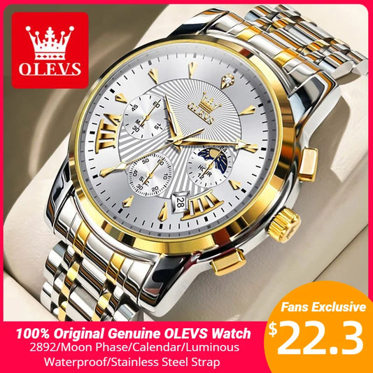 Montre à quartz originale de marque de luxe OLEVS pour hommes Montre-bracelet étanche en acier inoxydable Phase de lune Date automatique Montres pour hommes