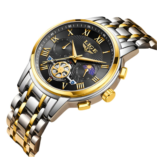 LIGE Men's Sports Quartz Watch - Waterproof Chronograph, Military Style, Hollow Dial