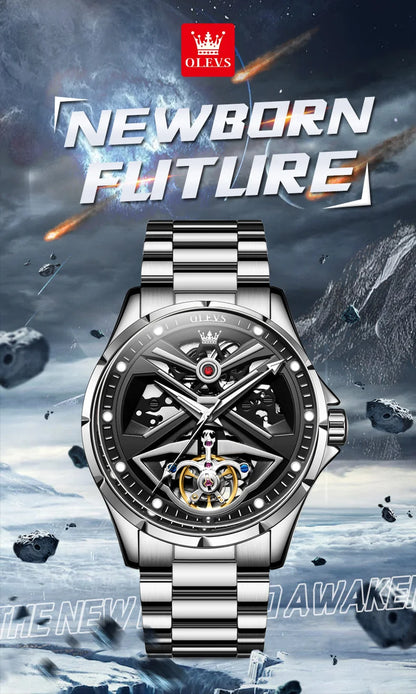 Montre automatique OLEVS pour homme squelette original lumineux étanche bracelet en cuir acier inoxydable montre mécanique pour homme or rose