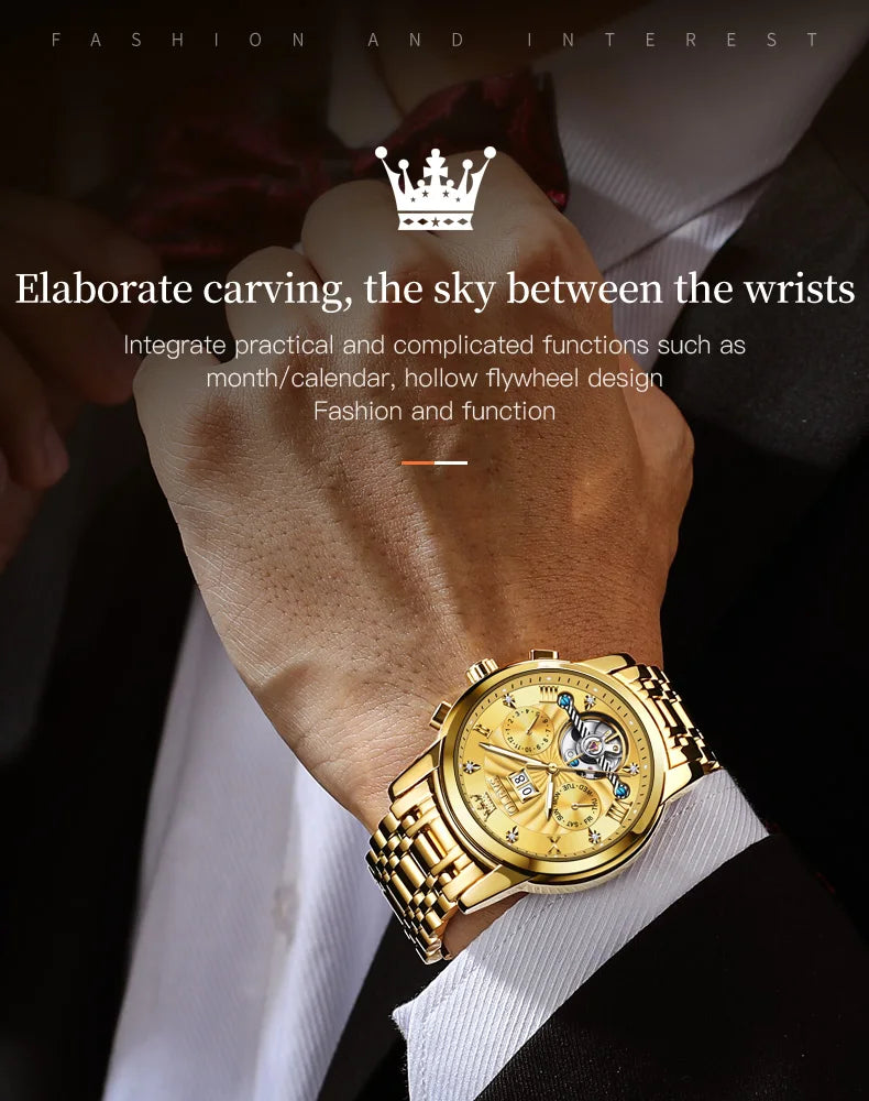 Montre mécanique automatique originale OLEVS 9910 pour hommes Tourbillon Skeleton Design Montre-bracelet pour hommes en acier inoxydable Phase de lune