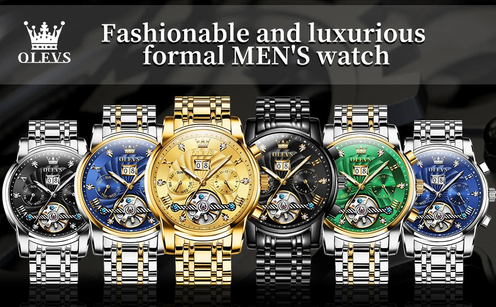 Montre mécanique automatique originale OLEVS 9910 pour hommes Tourbillon Skeleton Design Montre-bracelet pour hommes en acier inoxydable Phase de lune
