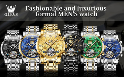 Montre mécanique automatique originale OLEVS 9910 pour hommes Tourbillon Skeleton Design Montre-bracelet pour hommes en acier inoxydable Phase de lune