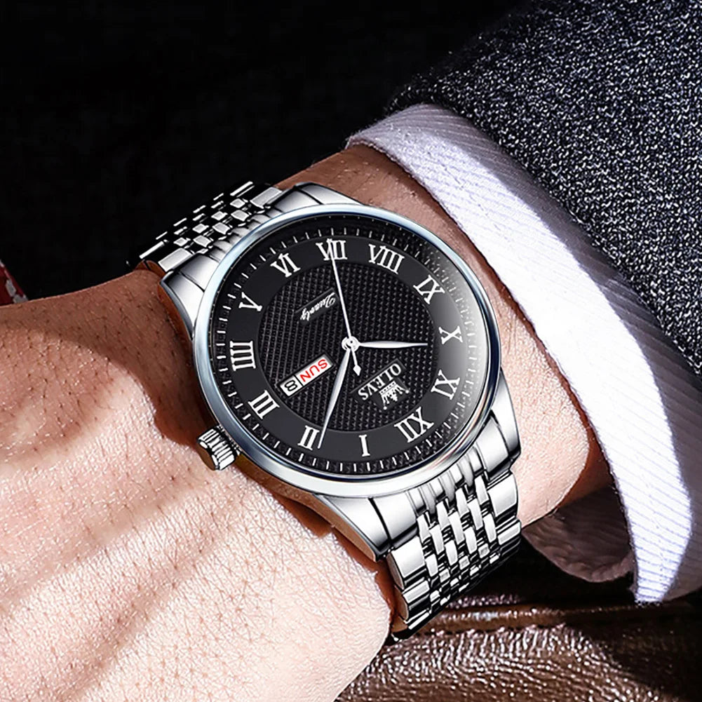 OLEVS New Quartz Watch for Men Waterproof Stainless Steel Business Fashion Calendar/Week Display Top Quartz Men's Watches