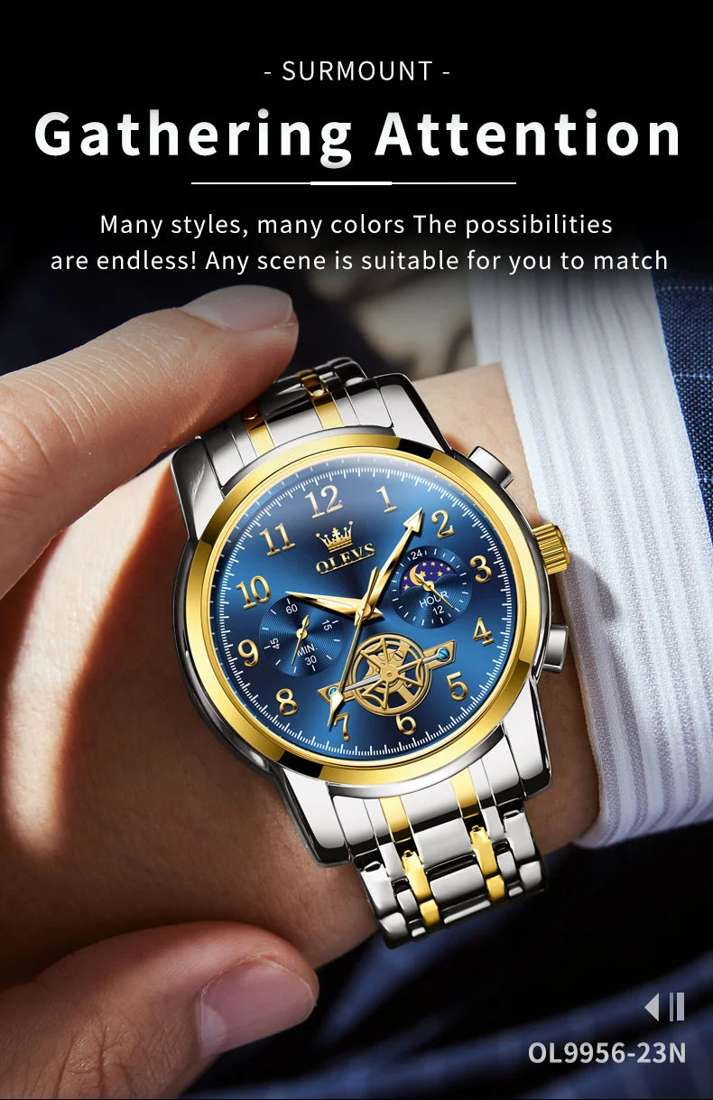OLEVS Men's Watches Multifunctional Wristwatch for Men Waterproof Stainless Steel Luminous Flywheel Design Man Watch 2024 New