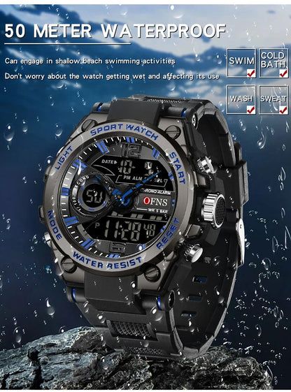 OFNS Top 6092 New Fashion Men's Sports Watch Military Waterproof Quartz Electronic LED Digital Men's Sports Quartz Watch 2024