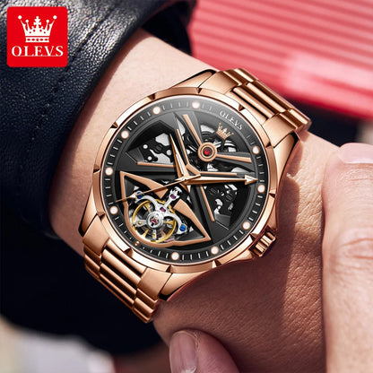 Montre automatique OLEVS pour homme squelette original lumineux étanche bracelet en cuir acier inoxydable montre mécanique pour homme or rose
