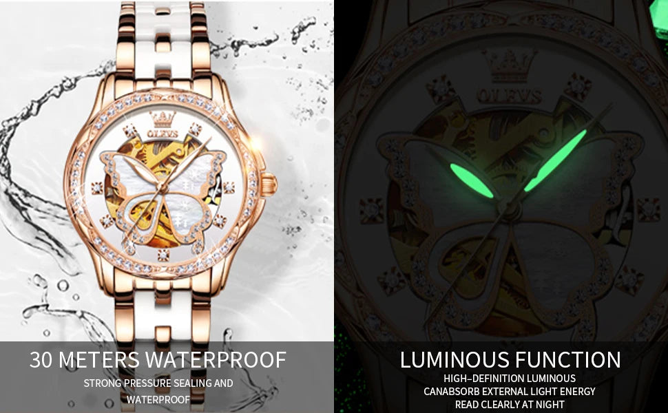 Montres automatiques OLEVS pour femmes de luxe en or rose squelette mécanique étanche lumineuse femmes bracelets montres ensemble élégant