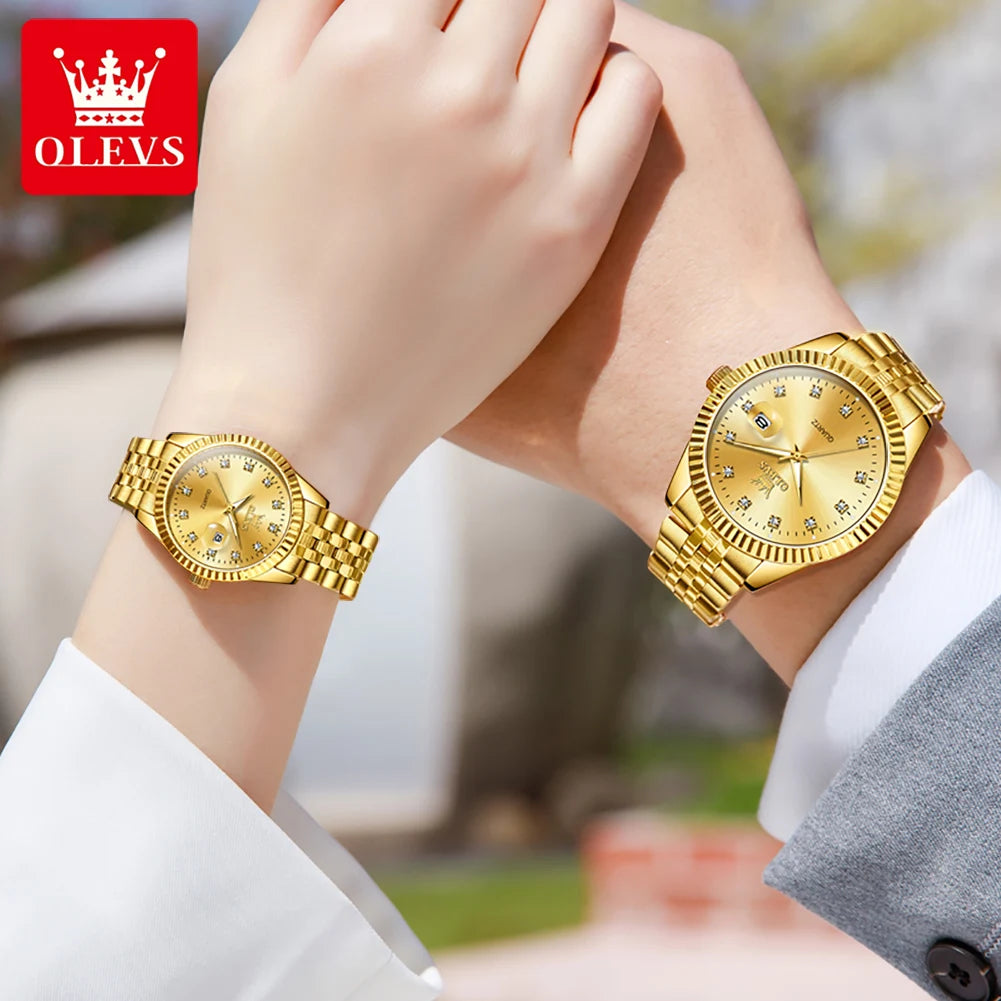 Ensemble de montres pour couple OLEVS Montre de luxe en or avec diamant Montre-bracelet à quartz lumineuse étanche Montre en acier inoxydable pour amoureux Cadeaux 5526