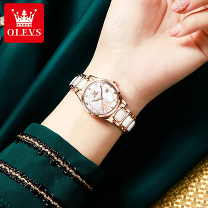 ساعة OLEVS كوارتز نسائية بحركة يابانية مقاومة للماء من الفولاذ المقاوم للصدأ والسيراميك للنساء مجموعة ساعات يد فاخرة للسيدات