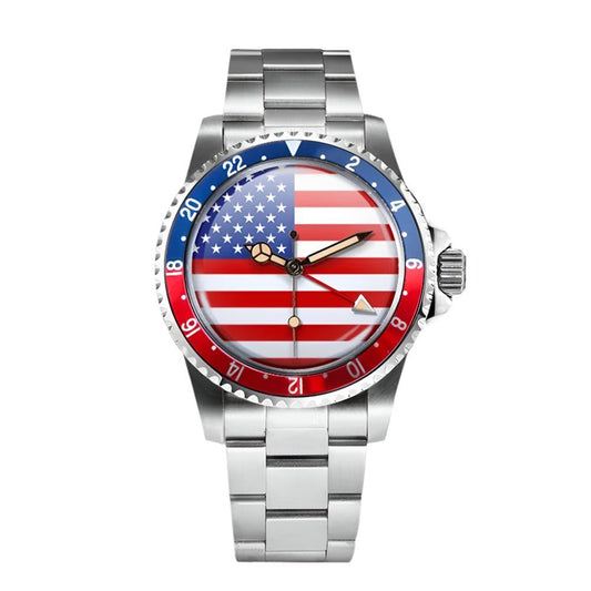 GMT Vintage Watch American Flag Dial 40mm Red Blue Bezel Automatic Movement Men's Watch Acrylic 5ATM Waterproof Watch.