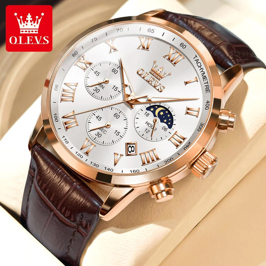 Montre à quartz multifonction OLEVS pour homme, chronographe, phase de lune, bracelet en cuir, étanche, horloge de date, montre-bracelet originale 5529